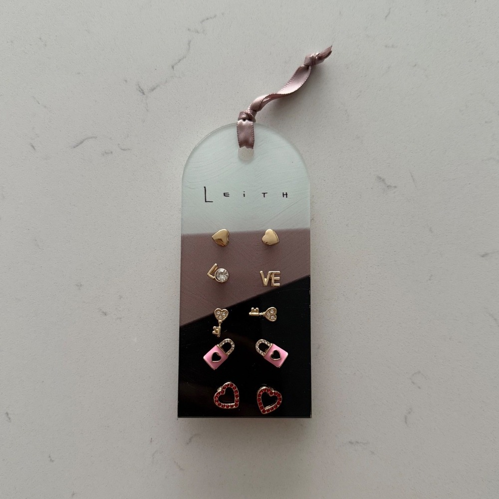 Leith Gold Heart Stud 5Pair Earring Set Love Lock Key Pink Red Valentine Jewelry - Picture 3 of 7